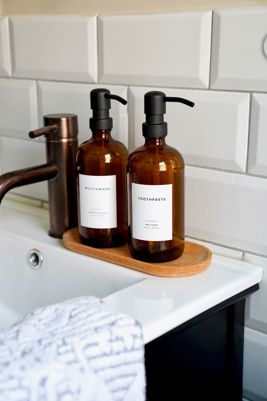 Mouthwash Glass Bottles with Bamboo Tray