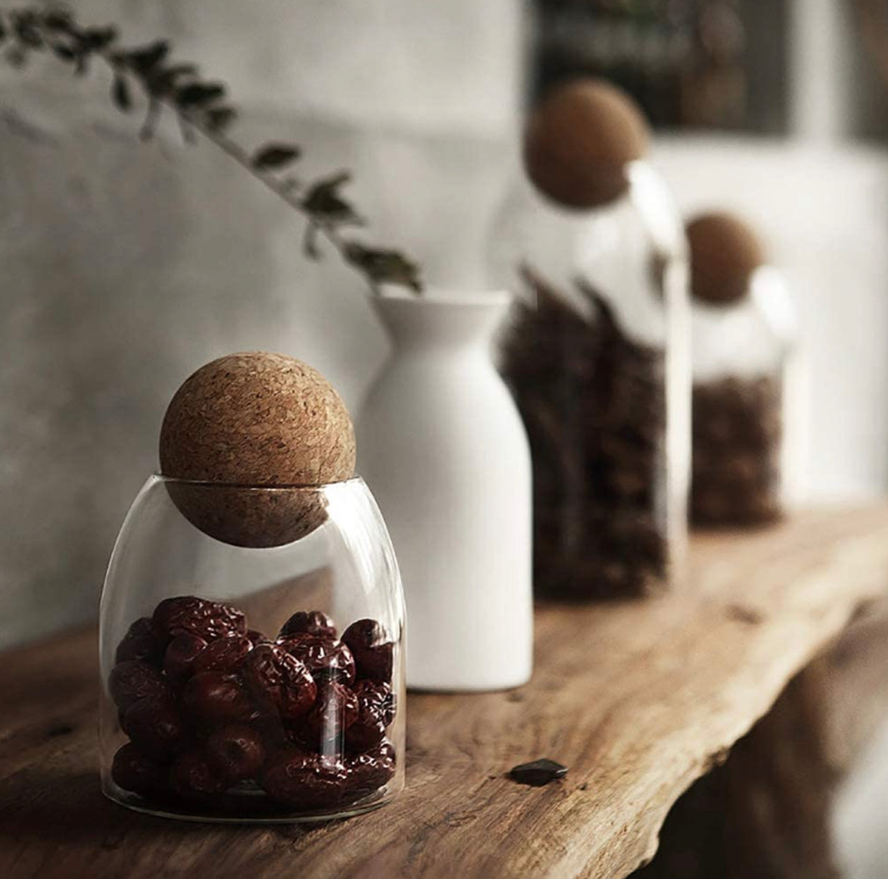 OSQI Storage Glass Jar with Ball Lid - Set of 3, Cute Decorative Round Jars  with Wood Ball Lid