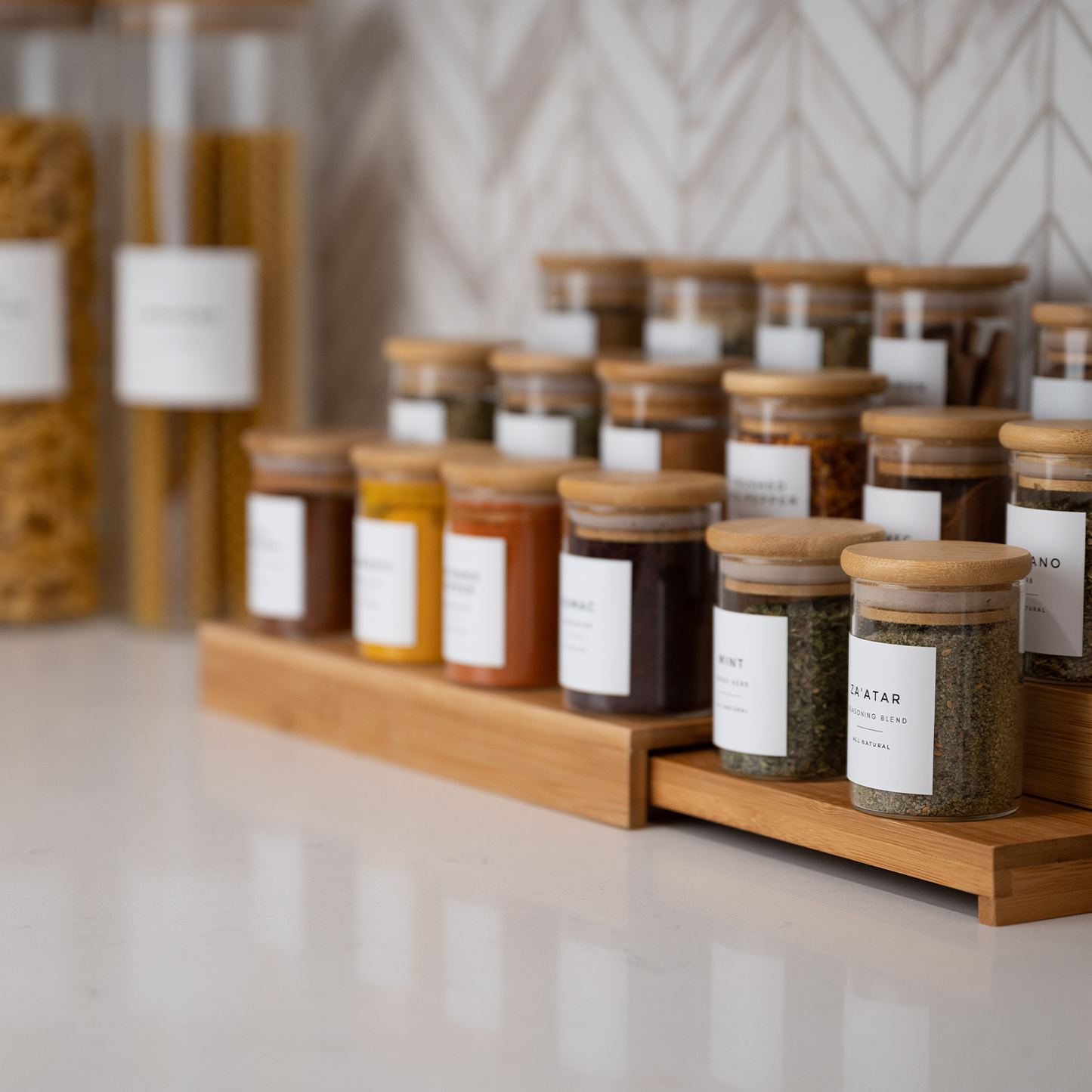 Wooden Spice Glass Jars Organizer - Expandable 3-Tier Shelf