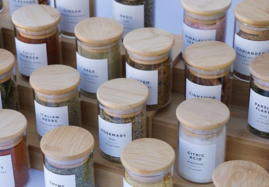 Herbs Pantry Jars with a Bamboo Rack