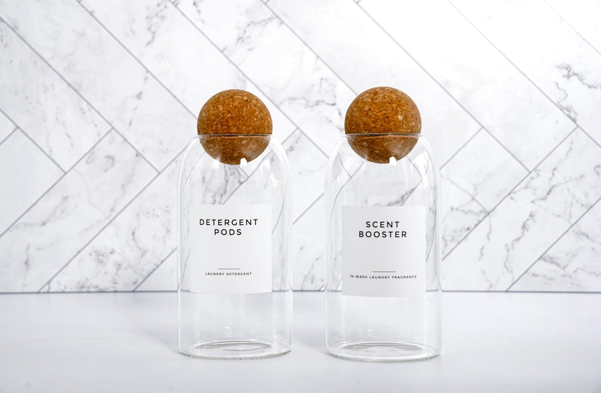 Glass Jars for Scent Booster/Detergent Pods - Set of 2 Jars with Cork Ball Lids