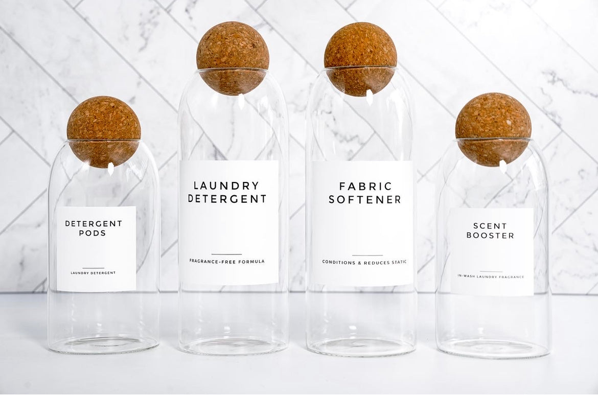 Glass Jars for Detergent & Softener - Set of 2 Jars with Cork Ball Lids
